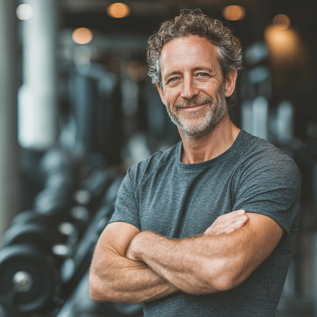 Confident 52-year-old person smiling after successful workout session in modern fitness facility