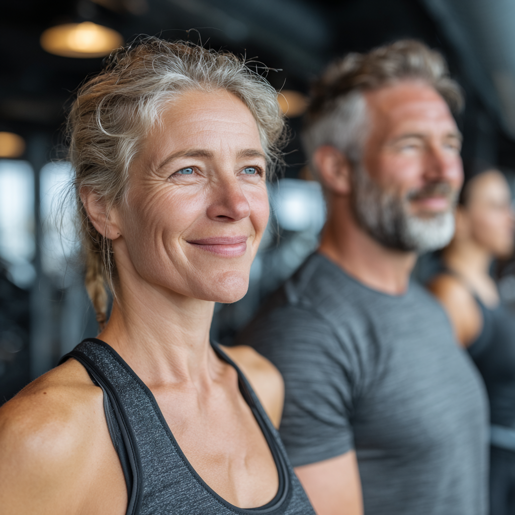 Fit mature adults aged 45-55 exercising together in modern gym with professional trainer