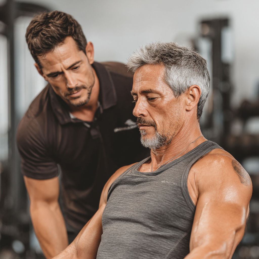 Professional trainer working with 50-year-old client during personalized fitness session